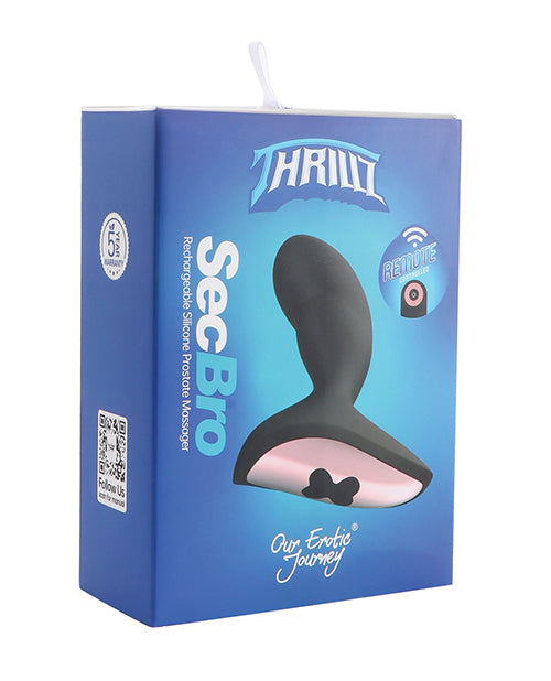 Thrillz Sec Bro Silicone Prostate Massager with Remote packaging featuring remote control capabilities.