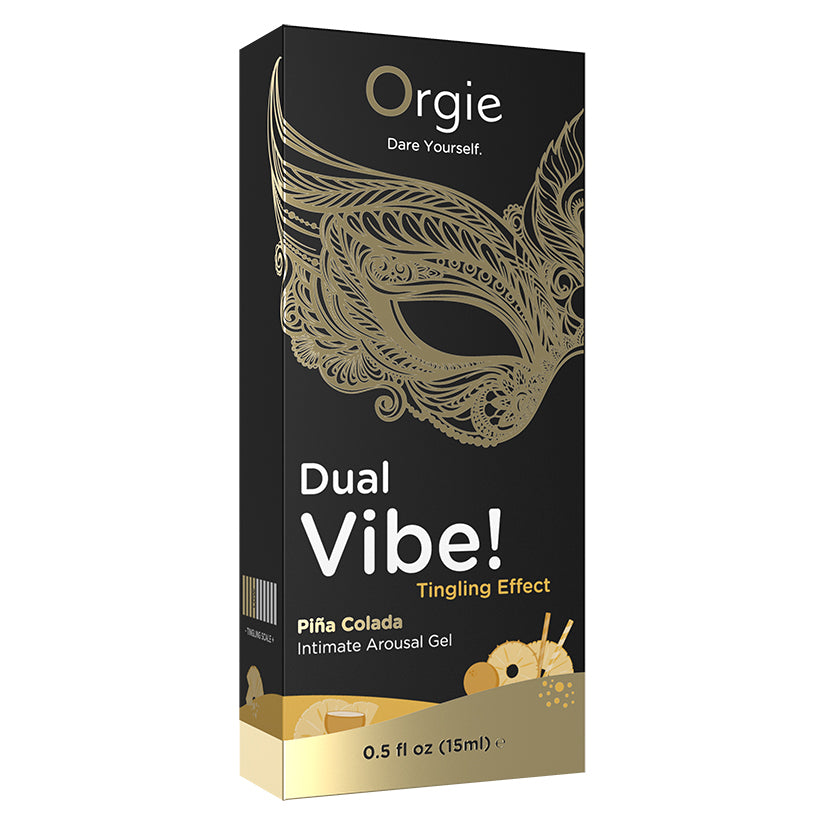 Orgie Dual Vibe Intimate Arousal Gel Pina Colada 15 ml packaging featuring a gold mask design.