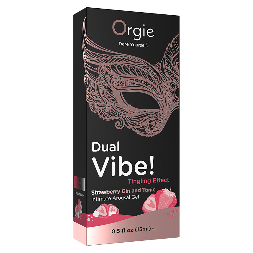 Orgie Dual Vibe Intimate Arousal Gel Strawberry Gin & Tonic 15 ml packaging with tingling effect text and strawberry images.