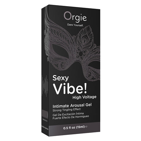 Orgie Sexy Vibe High Voltage Intimate Arousal Gel 15 ml packaging with ornate mask design.
