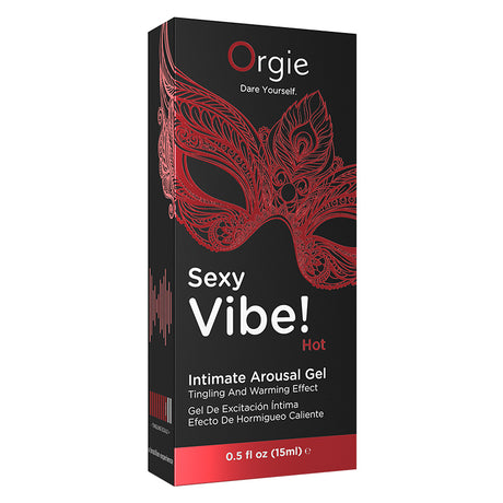 Orgie Sexy Vibe Hot Intimate Arousal Gel 15 ml packaging featuring a red mask design and product details.