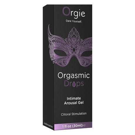 Orgie Orgasmic Drops Intimate Arousal Gel 30 ml packaging featuring a masquerade mask design.