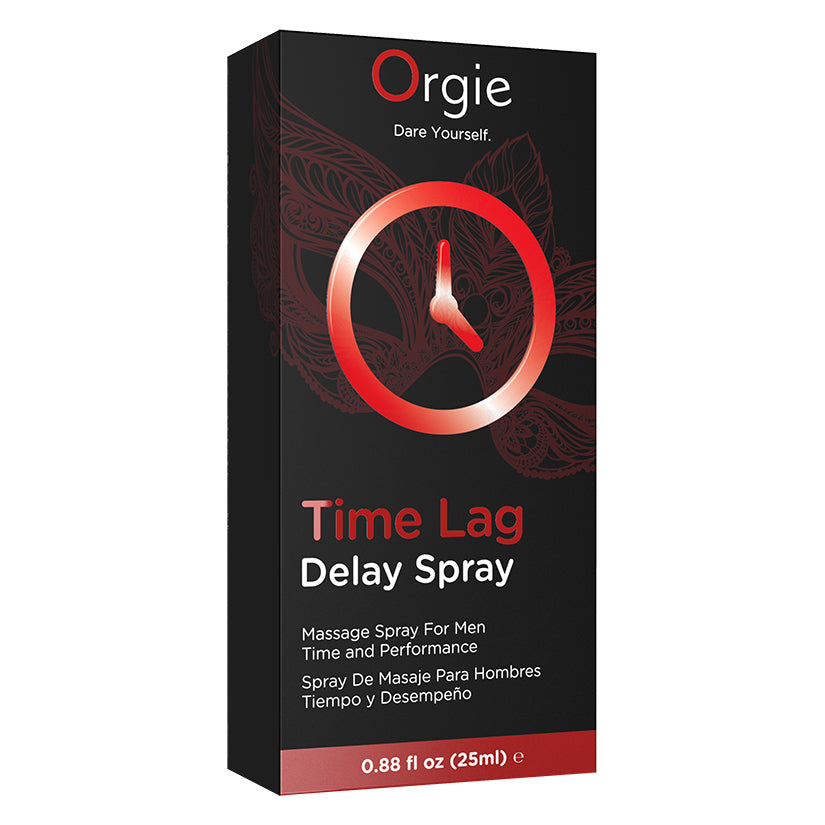 Orgie Time Lag Delay Spray for Men 0.88 Oz packaging with clock graphic for extended performance