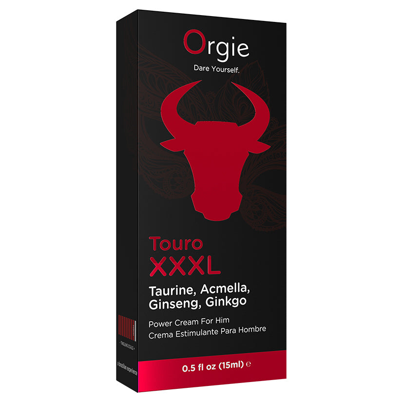 Orgie Touro XXXL Power Cream For Him 0.5 Oz packaging featuring black design with red bull logo and product details.