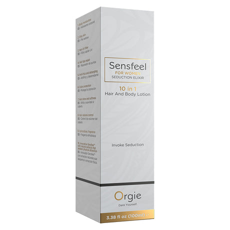 Orgie Sensfeel For Women Seduction Elixer 100 ml packaging showcasing its 10 in 1 hair and body lotion features.