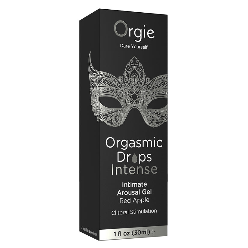 Orgie Orgasmic Drops Intense Arousal Gel Red Apple packaging for enhanced sensitivity and stimulation.
