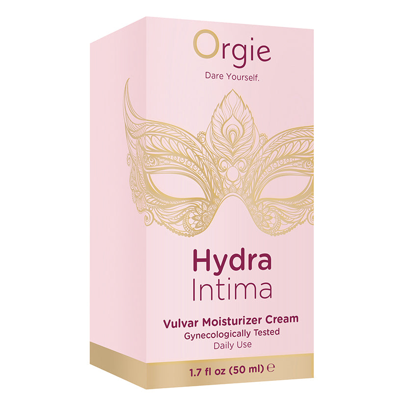 Orgie Hydra Intima Vulvar Moisturizer Cream 50 ml packaging with elegant design and gynecologically tested label.