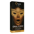 Orgie Oral Ease Deep Throat Mouth Spray Mint 15 ml packaging featuring a model with a golden mask and mint flavor branding.