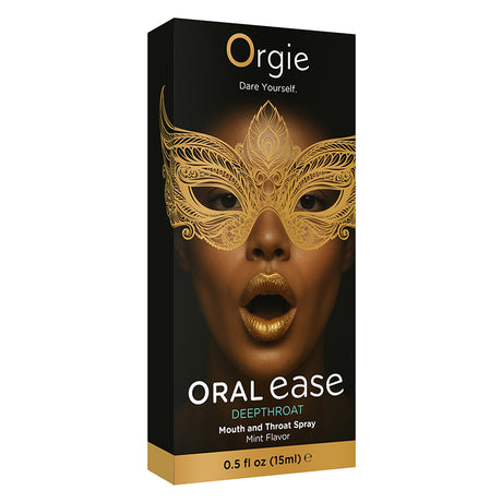 Orgie Oral Ease Deep Throat Mouth Spray Mint 15 ml packaging featuring a model with a golden mask and mint flavor branding.