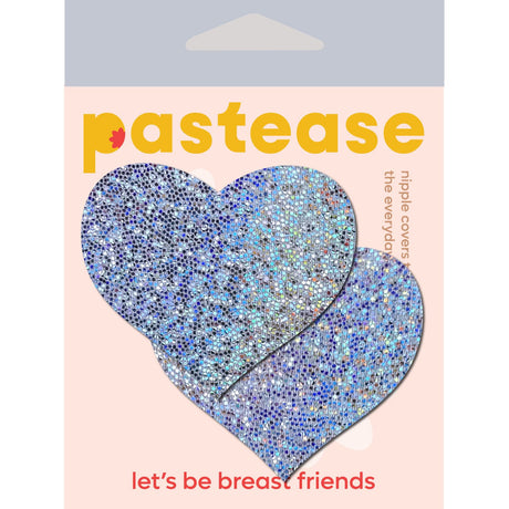 Pastease Hearts Silver Glitter Pasties displayed on packaging, featuring playful heart shapes and a shimmering finish.