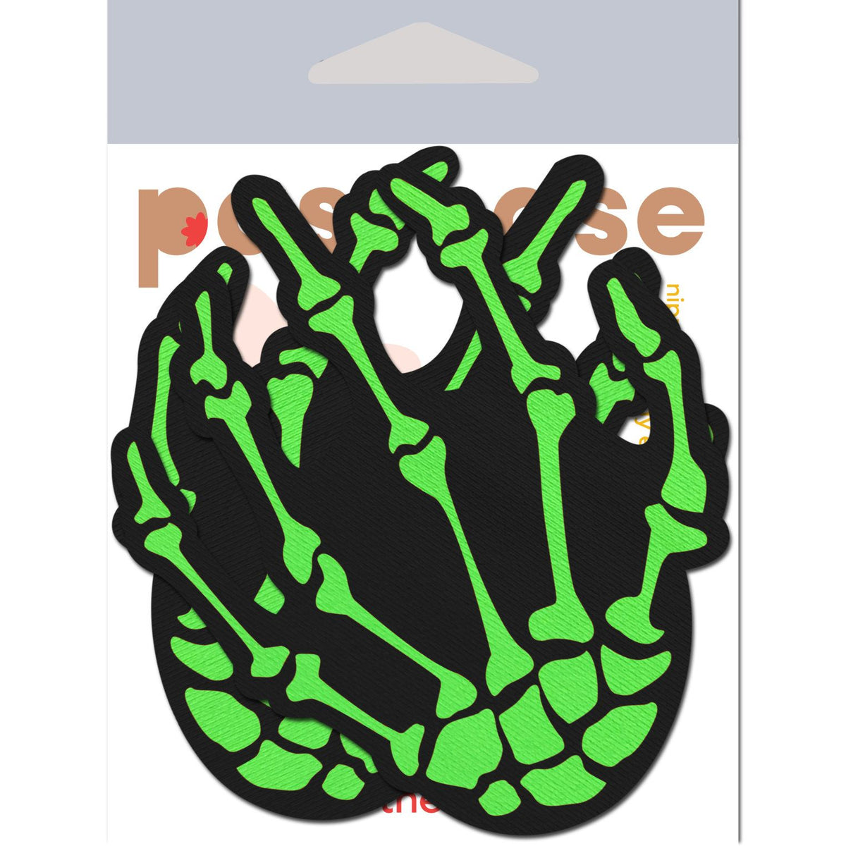 Pastease Neon Green Skeleton Hands Nipple Pasties featuring vivid zombie green bony designs on a black background.