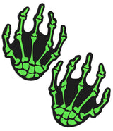 Pastease Neon Green Skeleton Hands Nipple Pasties featuring playful green skeleton designs on a black background.