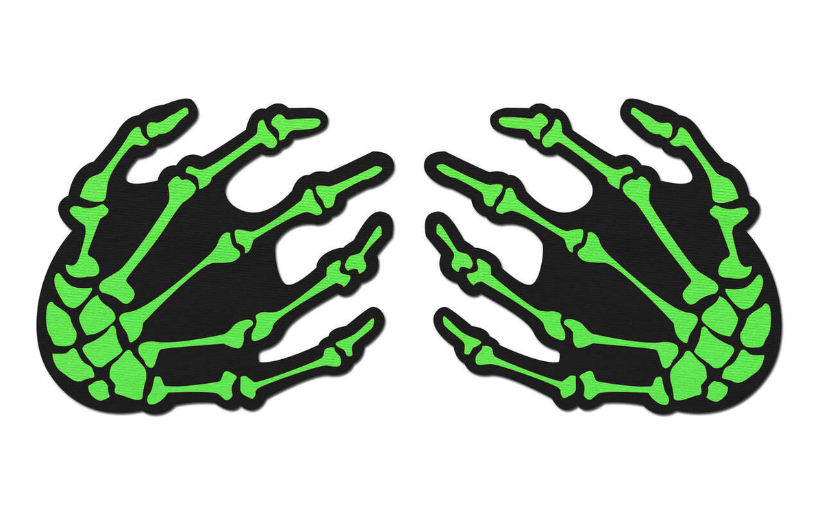 Pastease Neon Green Skeleton Hands Nipple Pasties designed with vivid neon skeleton hands for Halloween or rave wear.