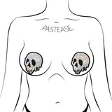 Pastease Skull Melt Shattered Glass Nipple Pasties featuring dripping skull design on a model.