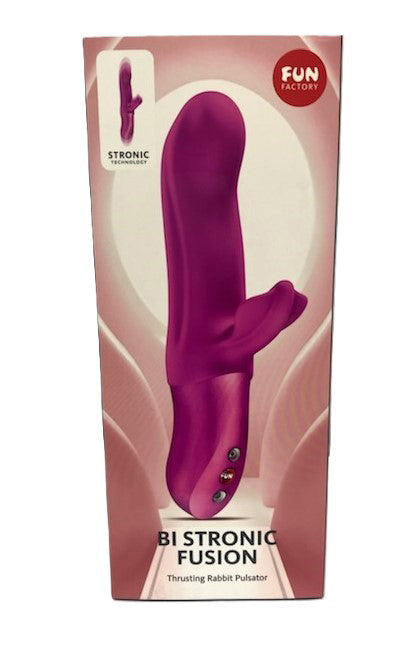 Fun Factory Bi Stronic Fusion Thrusting Rabbit Pulsator Magenta packaging with product details.