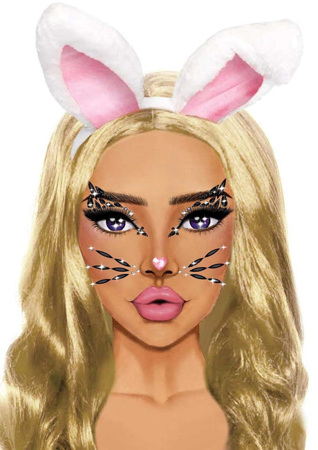 Leg Avenue Animal Rhinestone Stick-on Face Jewels applied on a model with bunny ears and a glam look.