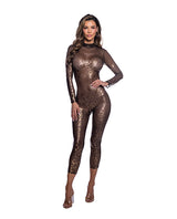 Wild Cheetah Sheer Mesh Long-Sleeve Catsuit Leopard Medium featuring a sleek leopard pattern in foil shimmer stretch mesh.