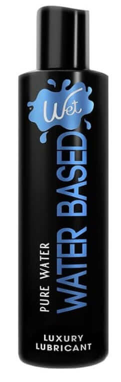 Wet Original Water Based Gel Lubricant 1 Oz bottle with sleek black design and blue text.
