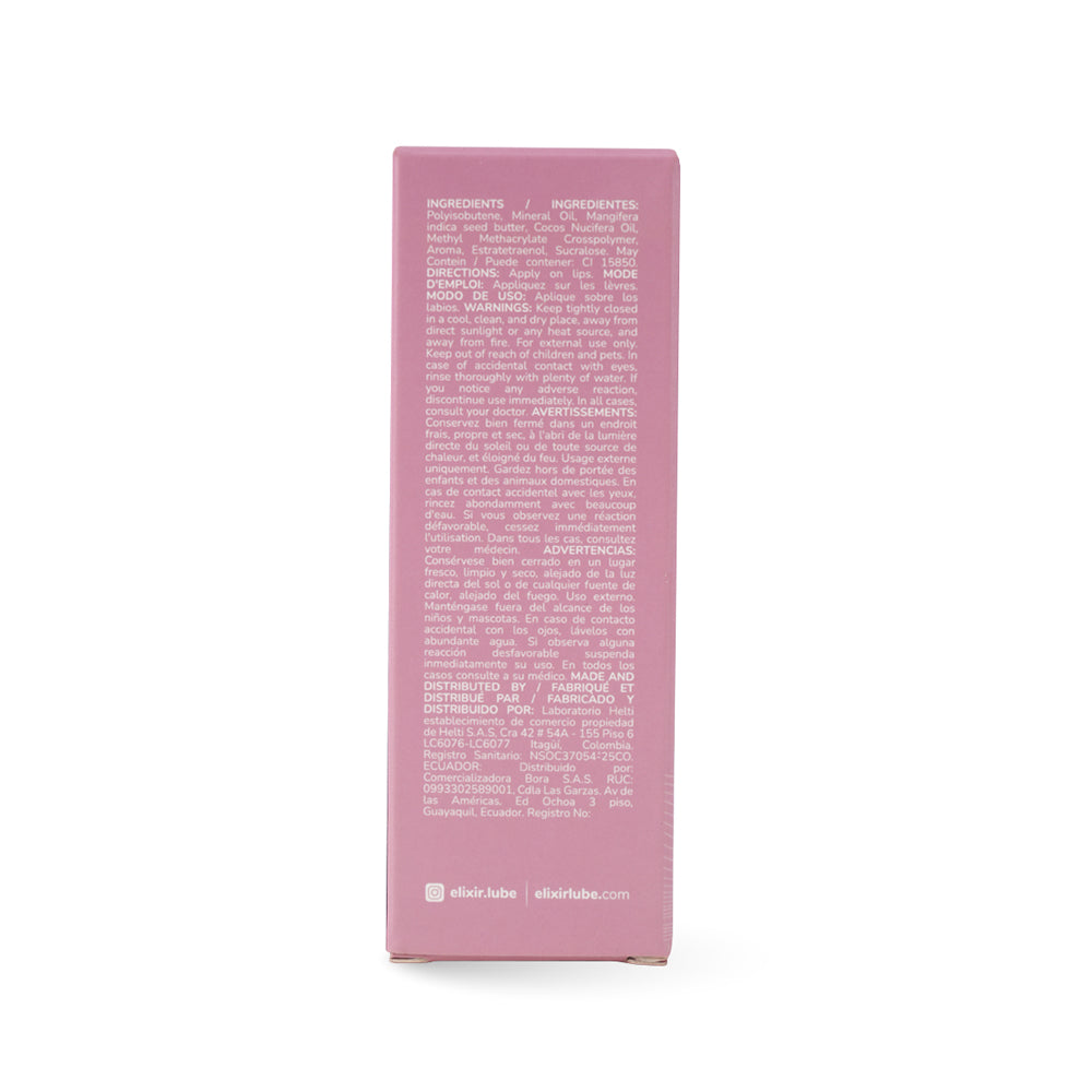 Ingredients and directions for Elixir Magnetic Lip Gloss With Pheromones 5 ml displayed on packaging.