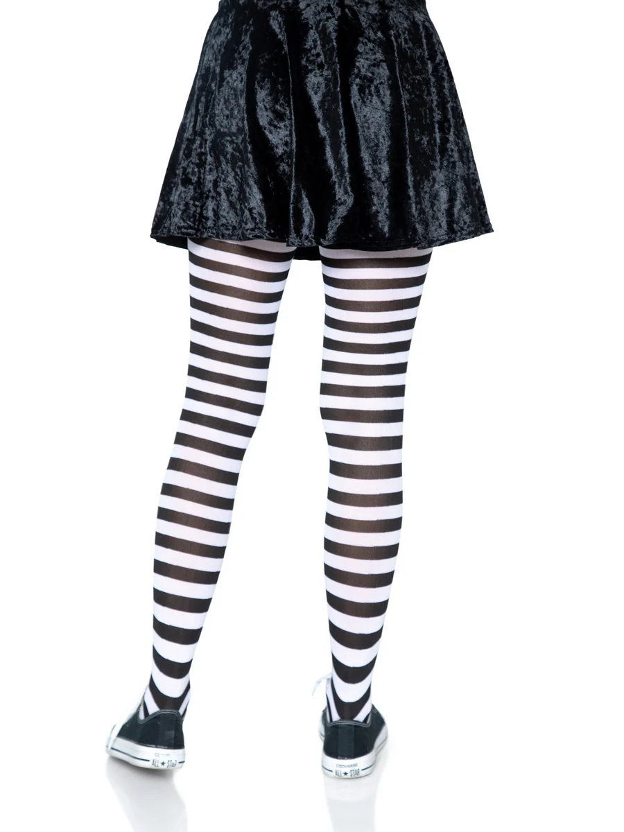 Leg Avenue Jada Nylon Striped Tights Black White One Size worn with a black skirt for a playful outfit look.