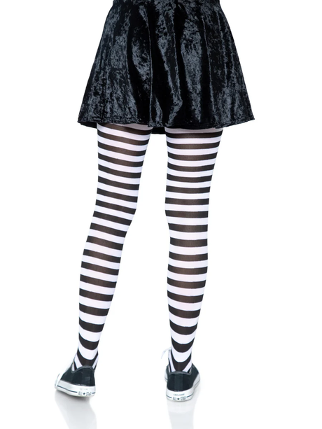 Leg Avenue Jada Nylon Striped Tights Black White One Size worn with a black skirt for a playful outfit look.