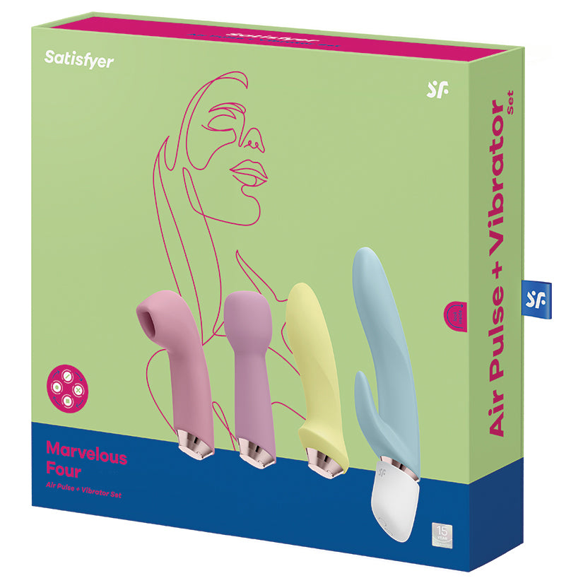 Satisfyer Marvelous Four Interchangeable Vibrator Set showcasing four versatile attachment heads in stylish packaging.