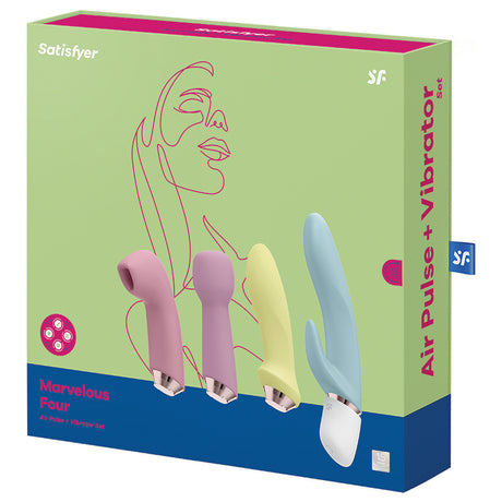 Satisfyer Marvelous Four Interchangeable Vibrator Set showcasing four versatile attachment heads in stylish packaging.