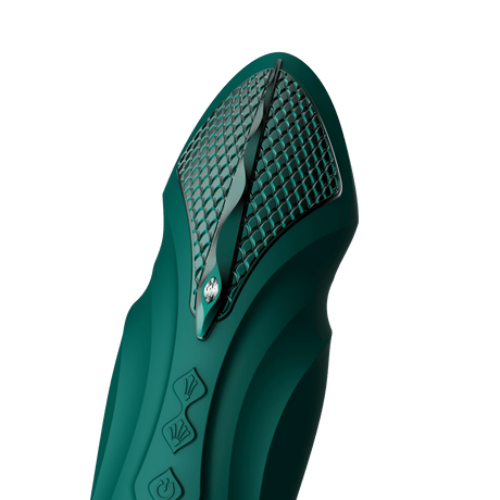 Turquoise green ZALO Sesh Compact Sex Machine with textured grip and PowerThrust technology for enhanced satisfaction.