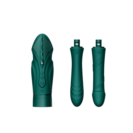 ZALO Sesh Compact Sex Machine in Turquoise Green with two replaceable vibrating massage sticks, featuring PowerThrust technology.