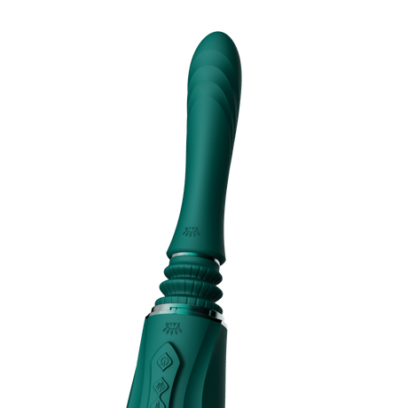 ZALO Sesh Compact Sex Machine Turquoise Green with PowerThrust technology, featuring replaceable vibrating massage sticks.