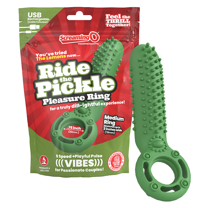 Screaming O Ride The Pickle Pleasure Ring Green packaging featuring a playful design for couples.