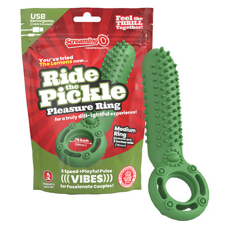 Screaming O Ride The Pickle Pleasure Ring Green packaging featuring a playful design for couples.