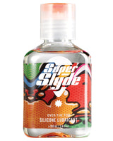 SuperSlyde Over The Top Silicone Lubricant 3.4 Oz bottle with colorful label and flip-top cap.
