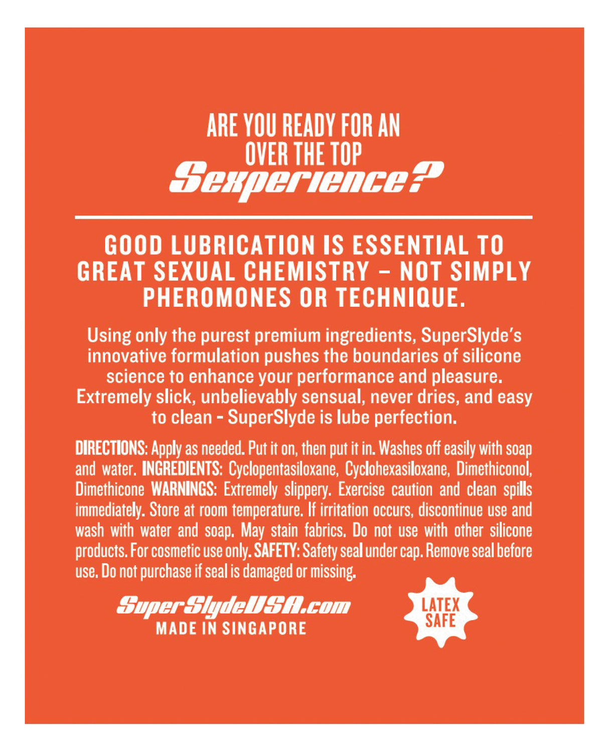 SuperSlyde Over The Top Silicone Lubricant 3.4 Oz product label highlighting lubrication benefits and instructions.