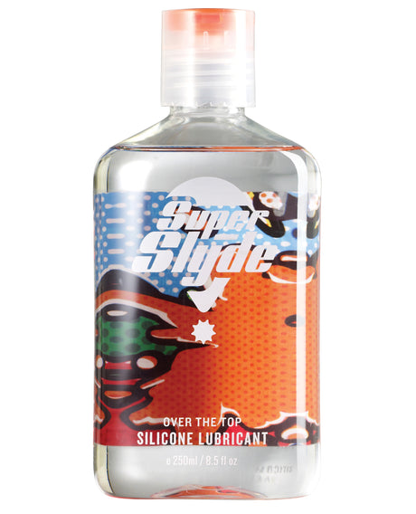 SuperSlyde Over The Top Silicone Lubricant 8.5 Oz bottle with colorful design and easy-pour cap.