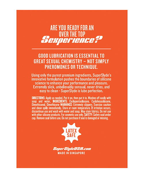 SuperSlyde Over The Top Silicone Lubricant 13.56 Oz packaging with information about lubrication benefits.