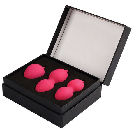 Svakom Nova Silicone Kegel Exercise Ben Wa Ball Set Plum Red in black box with three pink kegel balls.