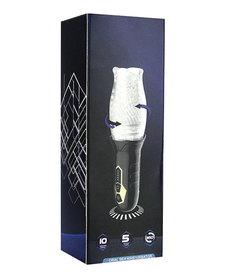 Cyclone Spinning Blow Job Simulator Black packaging showing rotating oral sex masturbator with textured sleeve.