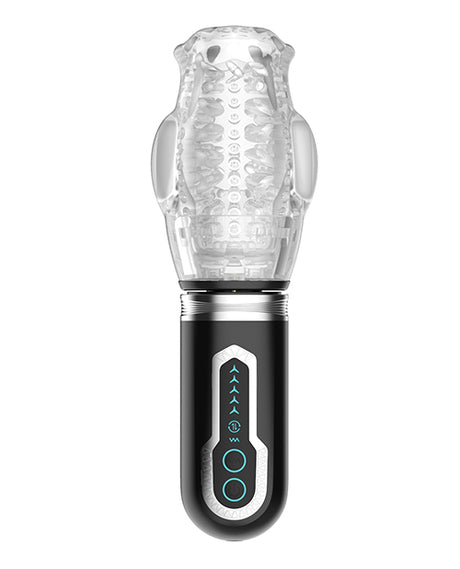 Thrusting Rotating & Vibrating Oral Sex Masturbator Black with clear textured sleeve and control panel