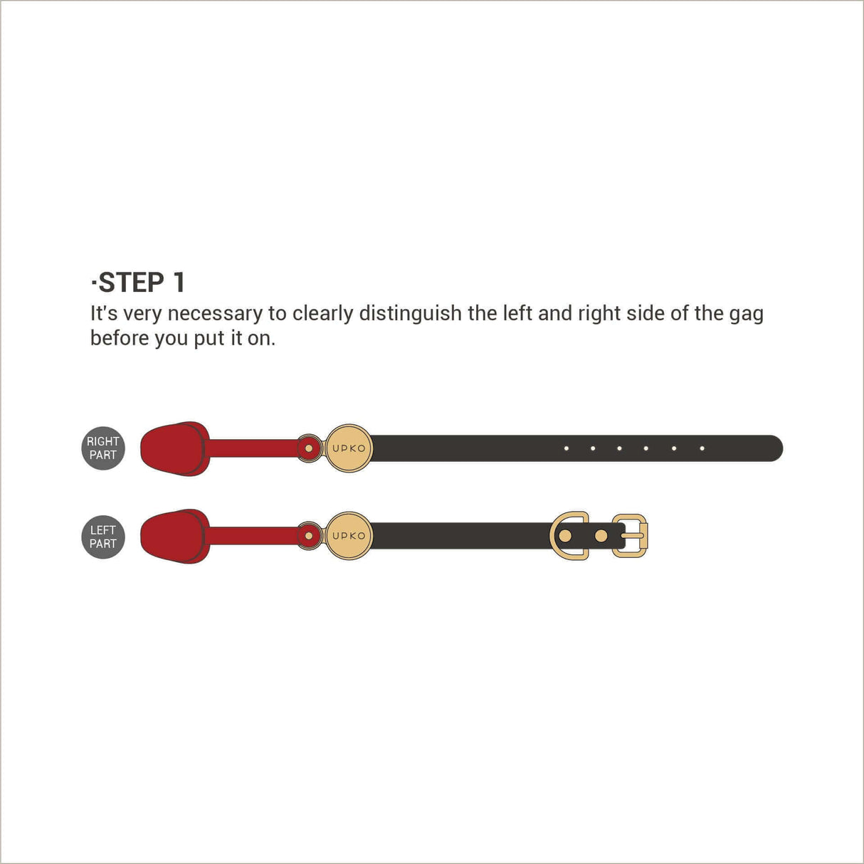 Instructional image for UPKO Luxury Silicone Invisible Mouth Gag with Italian Leather Straps showing left and right parts.
