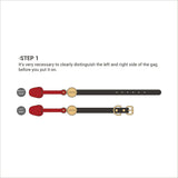 Instructional image for UPKO Luxury Silicone Invisible Mouth Gag with Italian Leather Straps showing left and right parts.