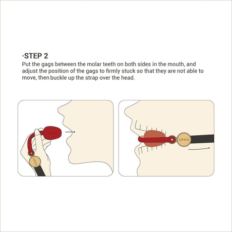 Step 2 instructions for UPKO Luxury Silicone Invisible Mouth Gag with Italian Leather Straps placement and adjustment.