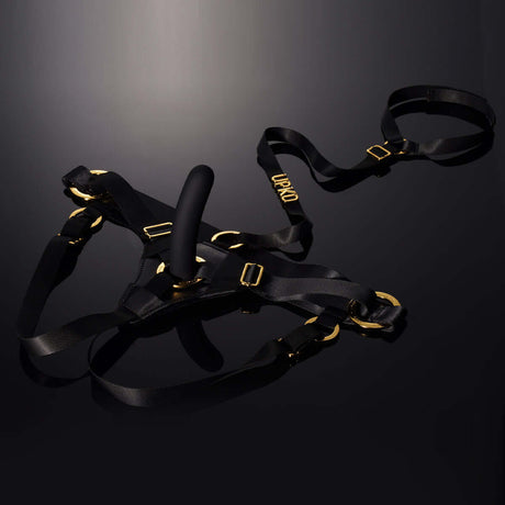 UPKO Strap-on Harness Kit with innovative neck link and double triangle structure for stability and precision, shown on a black background.