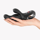 Fun Factory Miss Bi Rabbit Vibrator Black held in hand, showcasing its ergonomic design and dual-motor features.