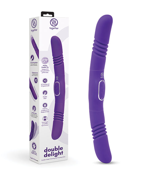 Double Delight Double-Ended Vibrating & Thrusting Vibrator Purple next to its packaging for enhanced intimacy.