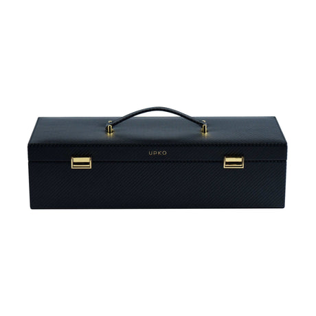 UPKO luxury black leather bondage tools case with handle and gold accents, perfect for BDSM accessories storage.