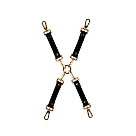 Luxury black leather bondage harness with gold accents for BDSM play, featured in the UPKO collection.