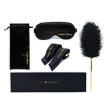Carpe Diem Premium Silk Bondage Set by UPKO featuring a silk blindfold, satin ribbons, feather tickler, and storage bag.