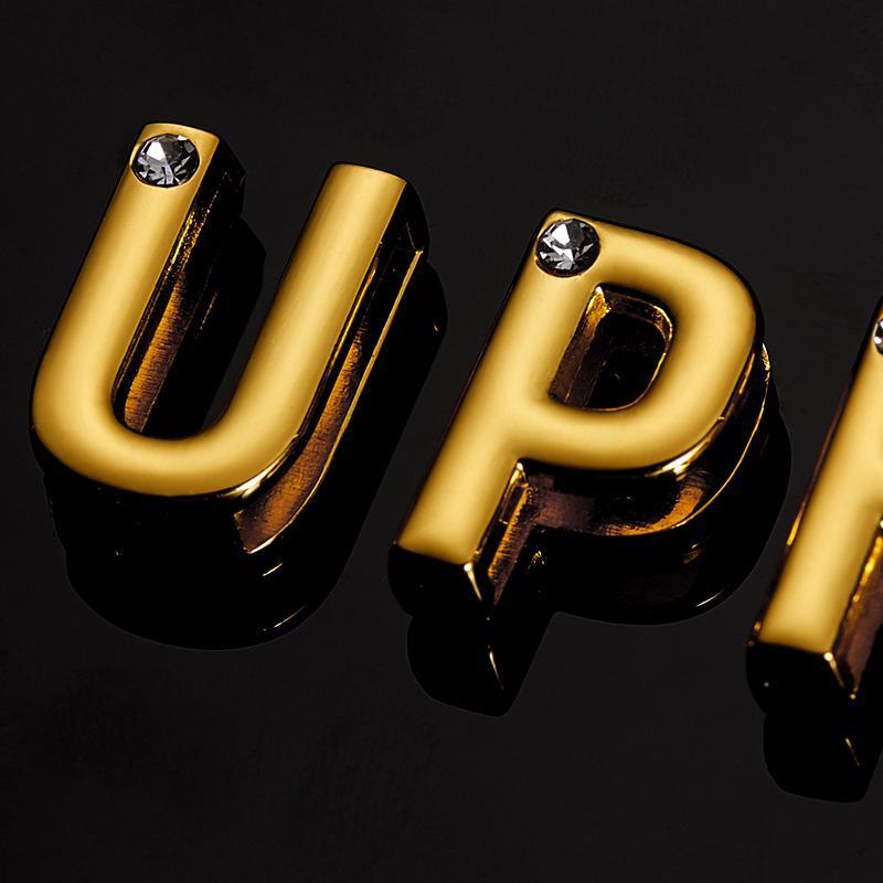 Close-up of UPKO Luxury Italian Leather Personalized Choker with gold-plated letters inlaid with crystals