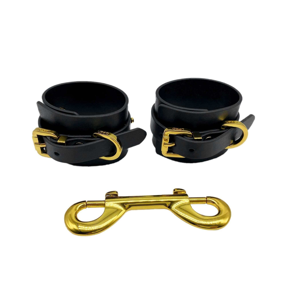 FUCK ME Luxury Italian Leather Handcuffs by UPKO with gold clips for erotic elegance and power play.
